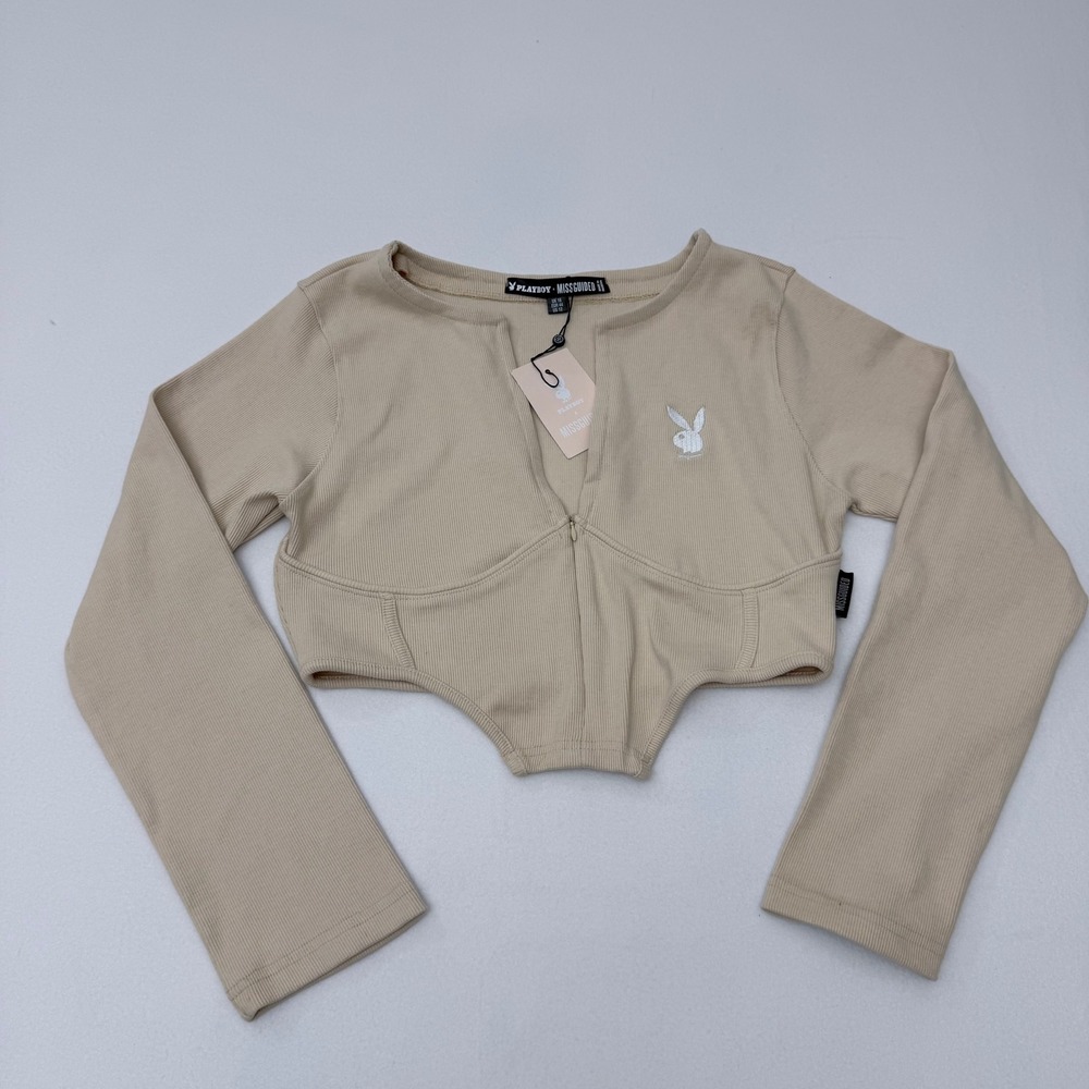 Playboy x Missguided Ribbed Zip Front Corset Hem Crop Top Beige NWT Size 12